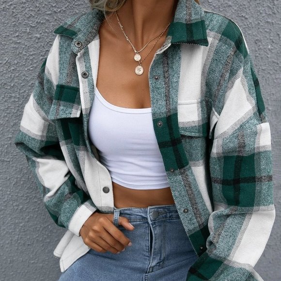 . Jackets & Blazers - Green Casual Womens Plaid Flap Pocket Drop Shoulder Jacket
